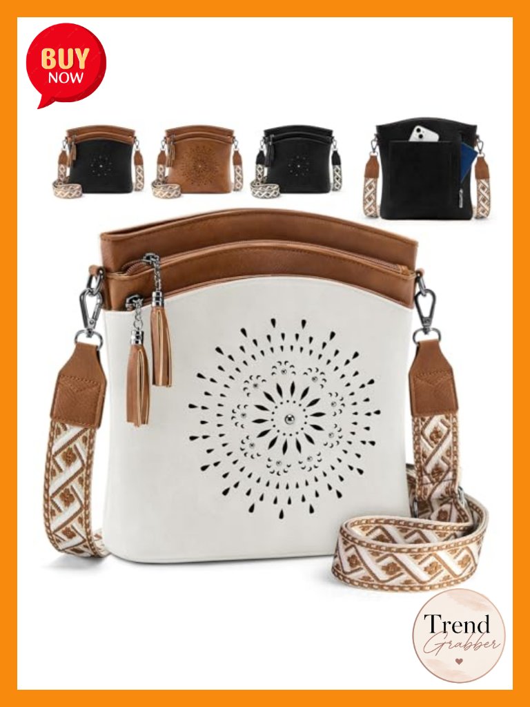 Faux Leather Crossbody Bag With Adjustable Guitar Strap, 7 Pockets